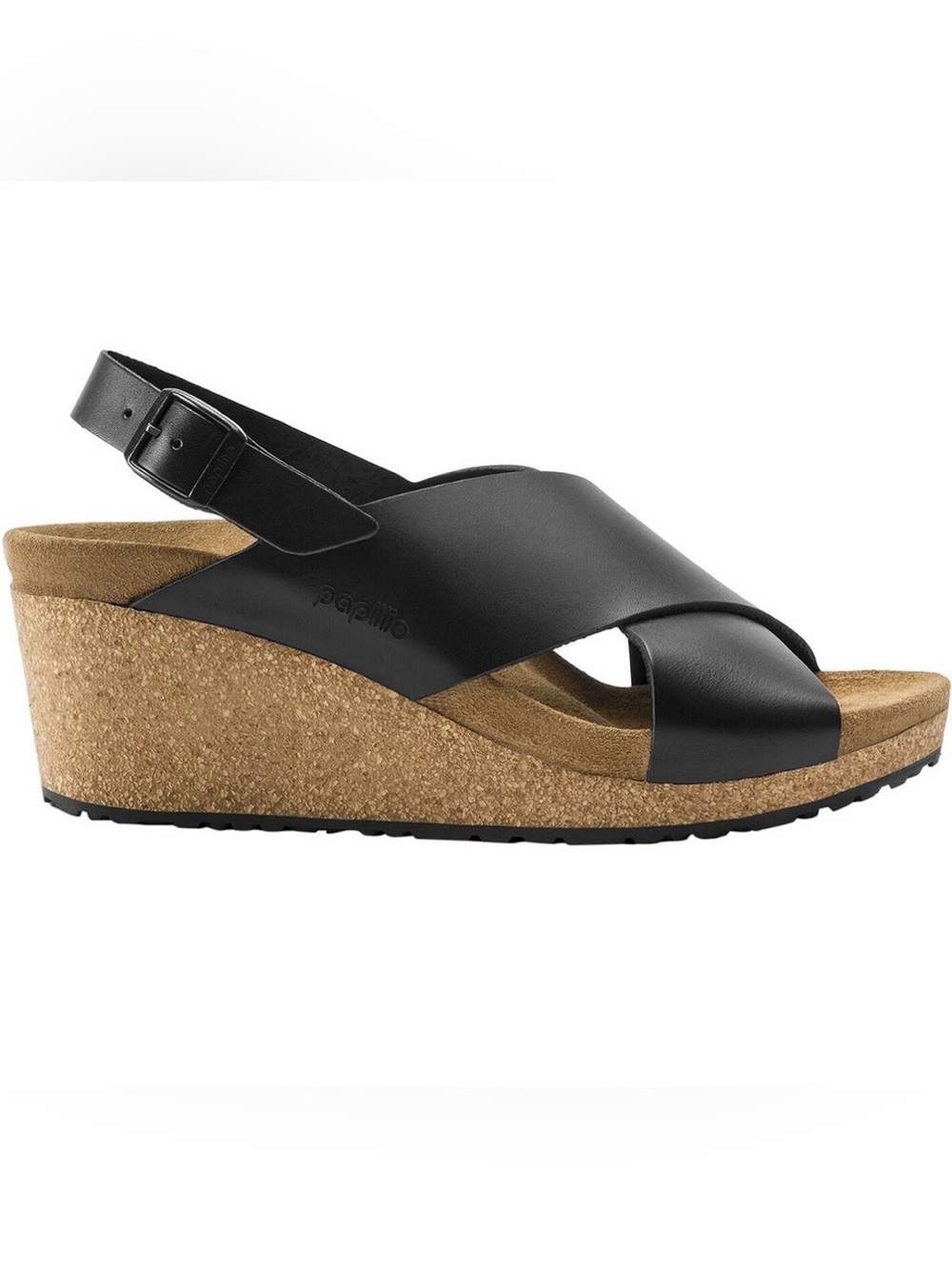 Papillio Black Leather Cork Wedge Sandals